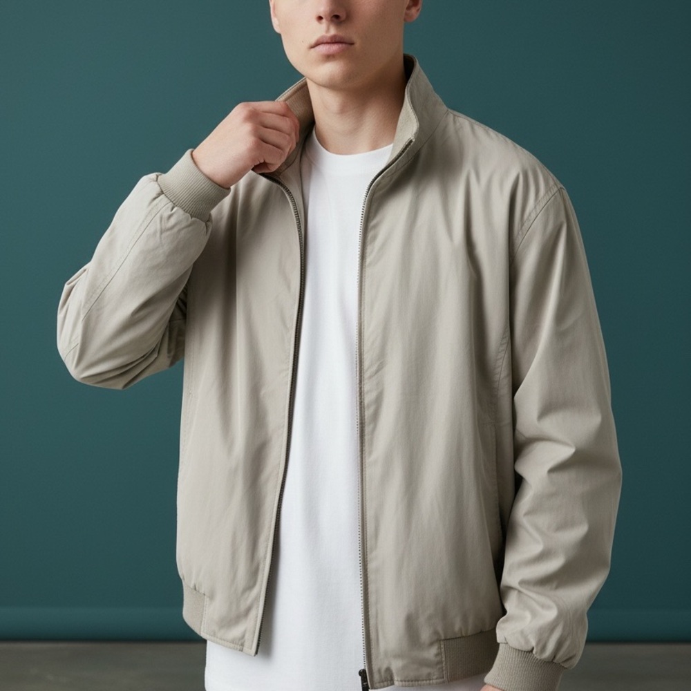 Weatherproof Men Stone Beige Water Repellent Microfiber Zip Bomber Jacket L